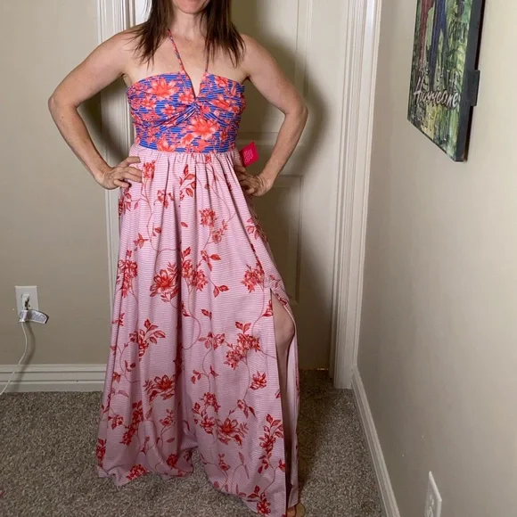 NWT Badgley Mischka size 2 Halter Blue Red Pink dress Floral MAXI - Picture 2 of 10